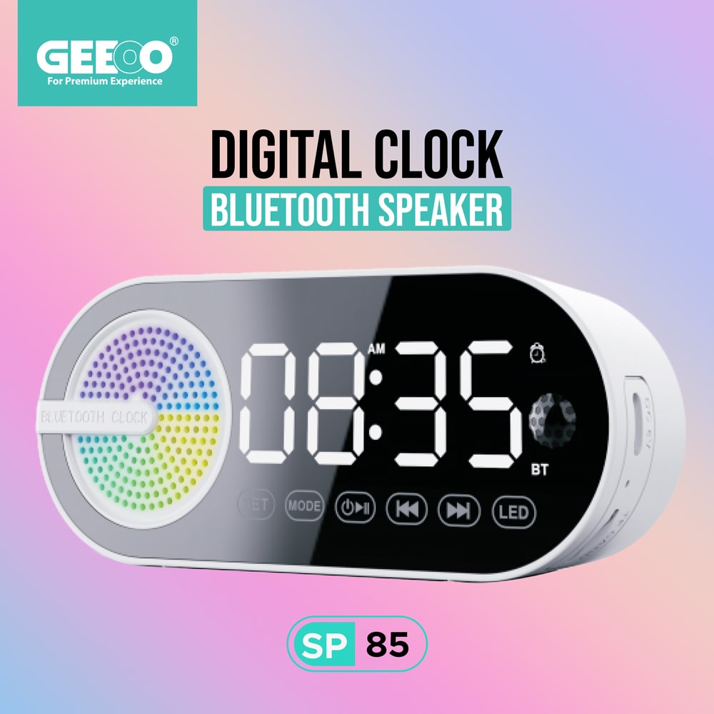 GEEOO SP85 Digital Clock Bluetooth Speaker with RGB Lights.